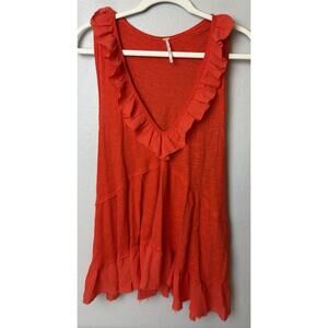 FREE PEOPLE “Out And About” Linen-Blend Ruffle Deep V-Neck Tank Top Red MEDIUM